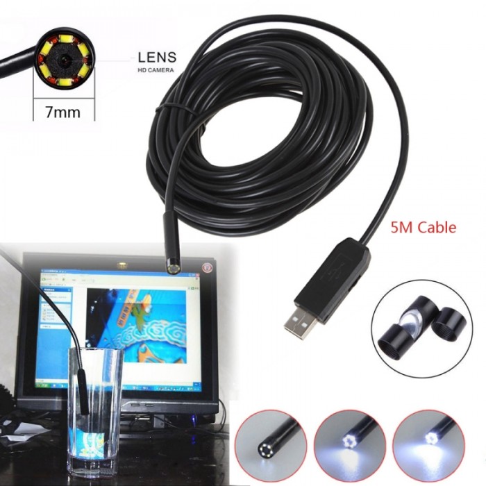 5M 6-LED 7mm Waterproof Endoscope USB Borescope Inspection Camera